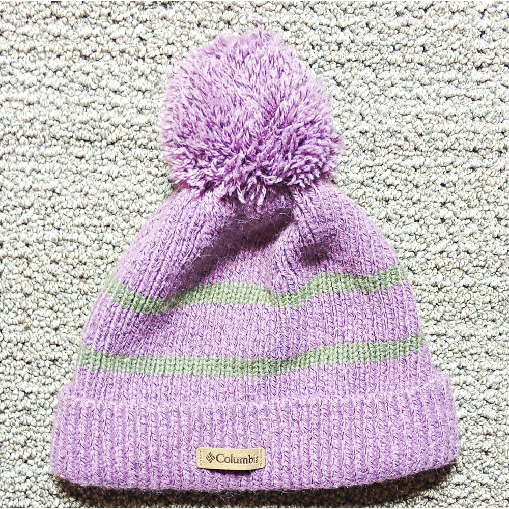 Columbia Women's One Size Purple/Green Striped Knit Beanie Pom Pom Lined Vin#C02
